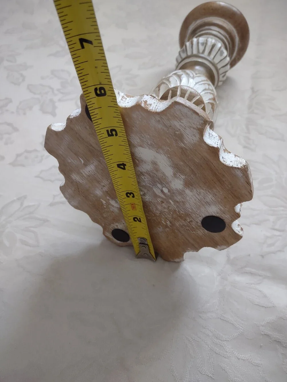 Tall Brushed White Wooden Candle Holder Pillar Etched Carved Distressed